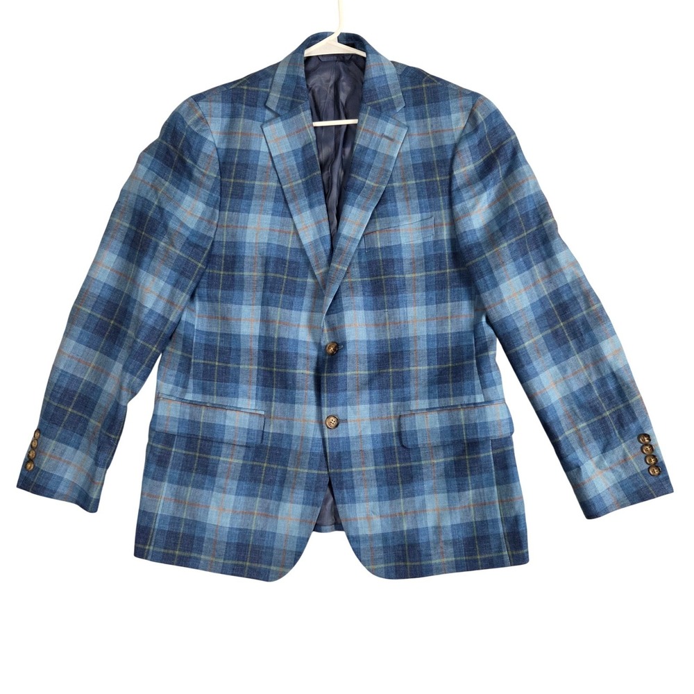 Lauren Ralph Lauren Sport Coat Mens 42R Blue Plaid Excellent Linen Blend Blazer